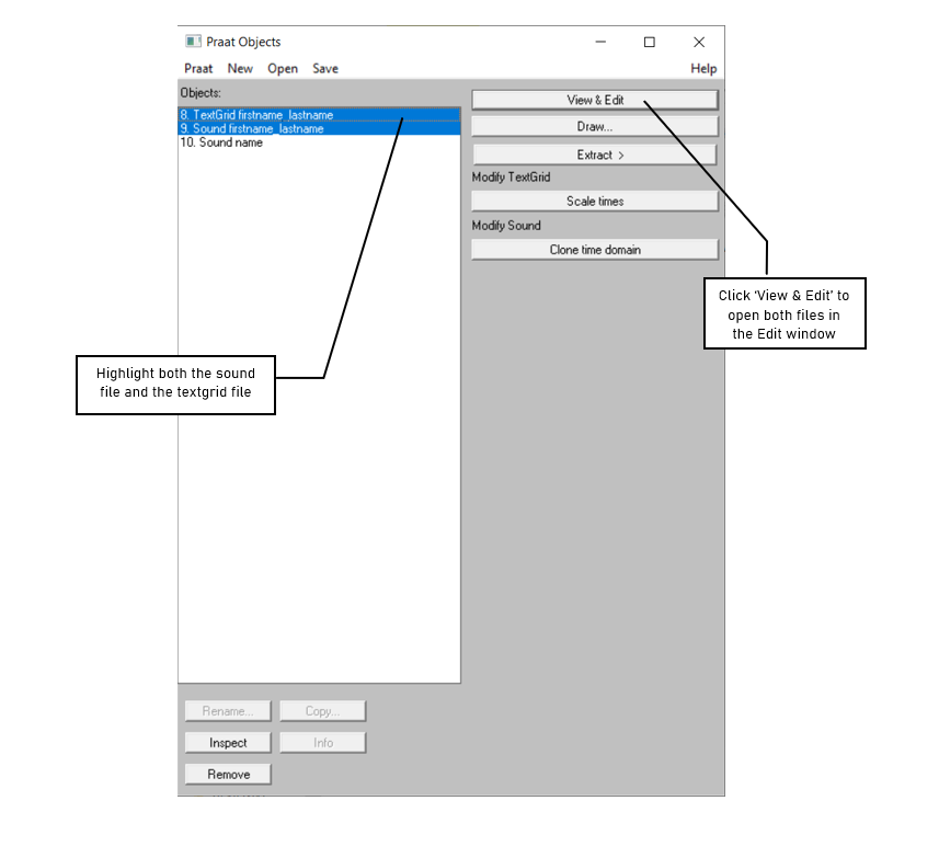 Figure 1.8: Opening a textgrid file with its corresponding sound file