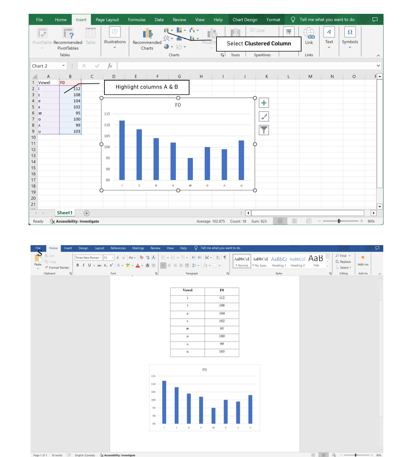 Figure 3.2: Creating a pitch chart in Excel and Word